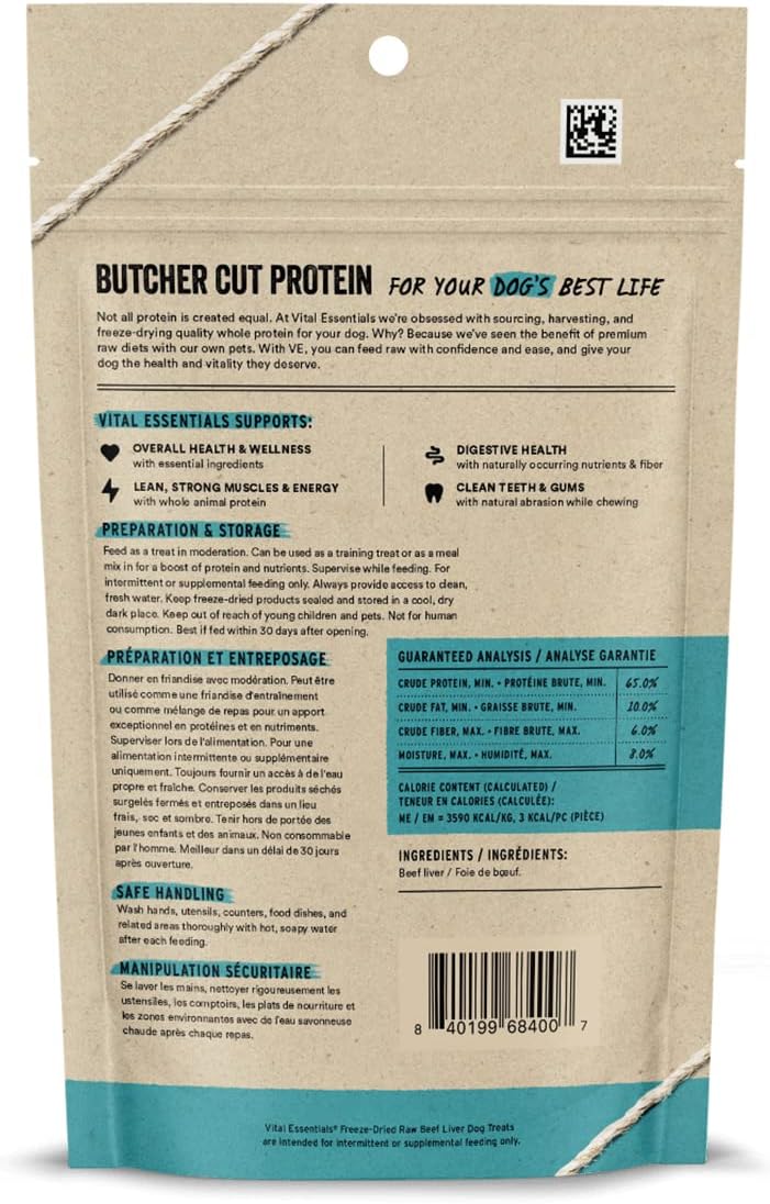 Vital Essentials Freeze Dried Raw Single Ingredient Dog Treats, Beef Liver, 2.1 oz | Premium Quality High Protein Training Treats | Grain Free, Gluten Free, Filler Free