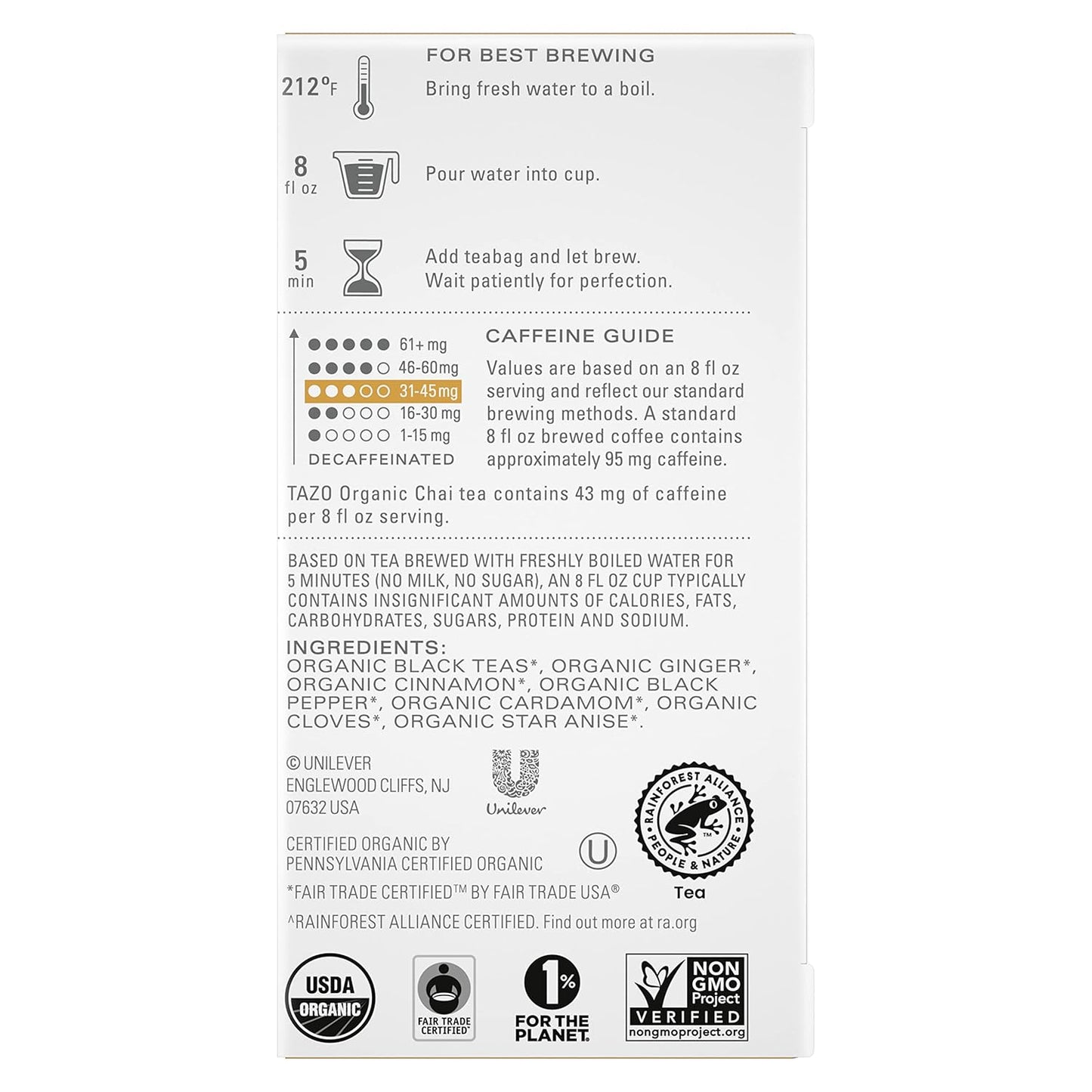 TAZO Organic Chai Black Tea Bags, Chai Tea, 96 Total Tea Bags (16ct - Pack of 6)