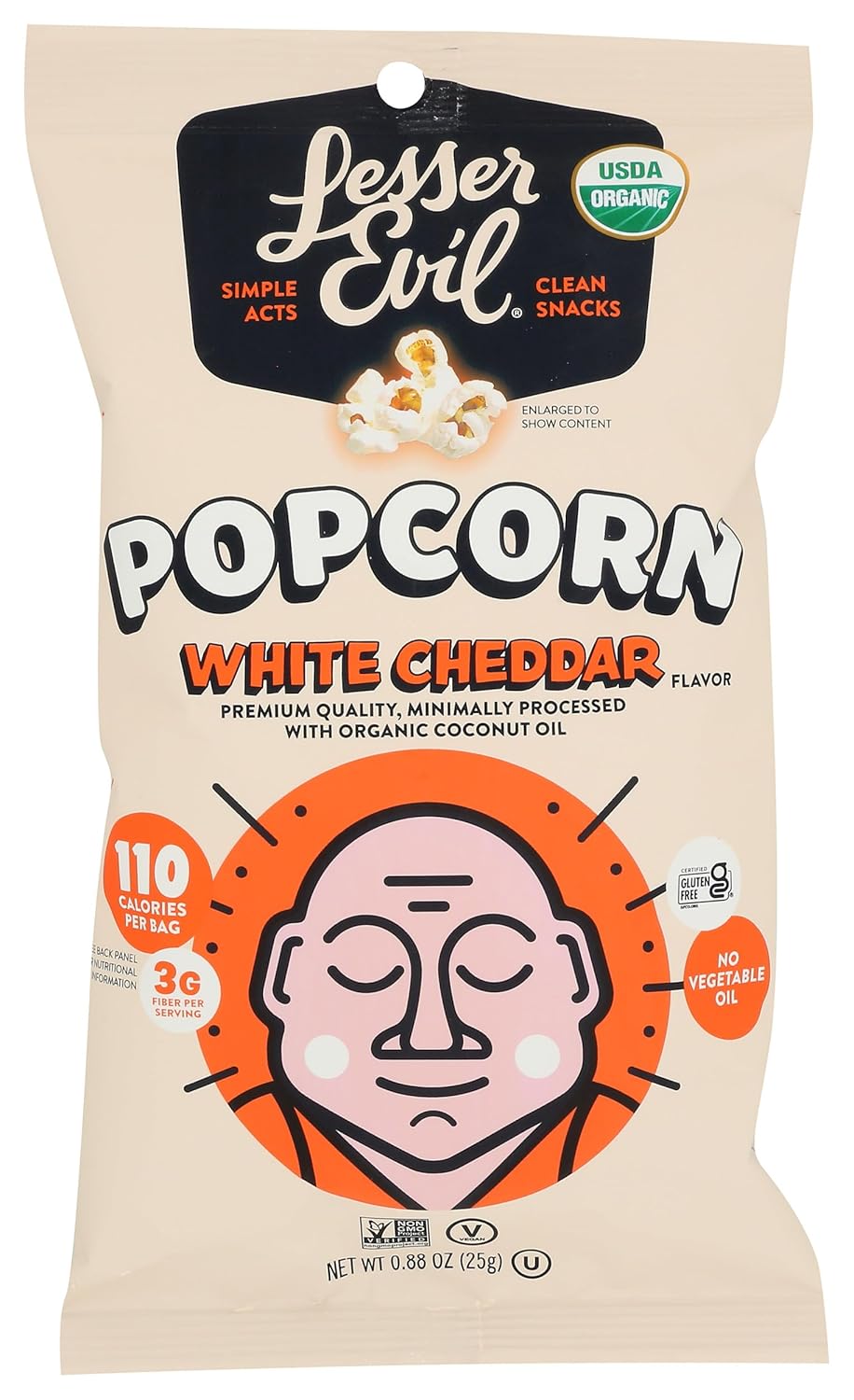 Lesser Evil White Cheddar Popcorn, Gluten Free, No Vegetable Oil, 0.88 Ounces (Pack Of 18)