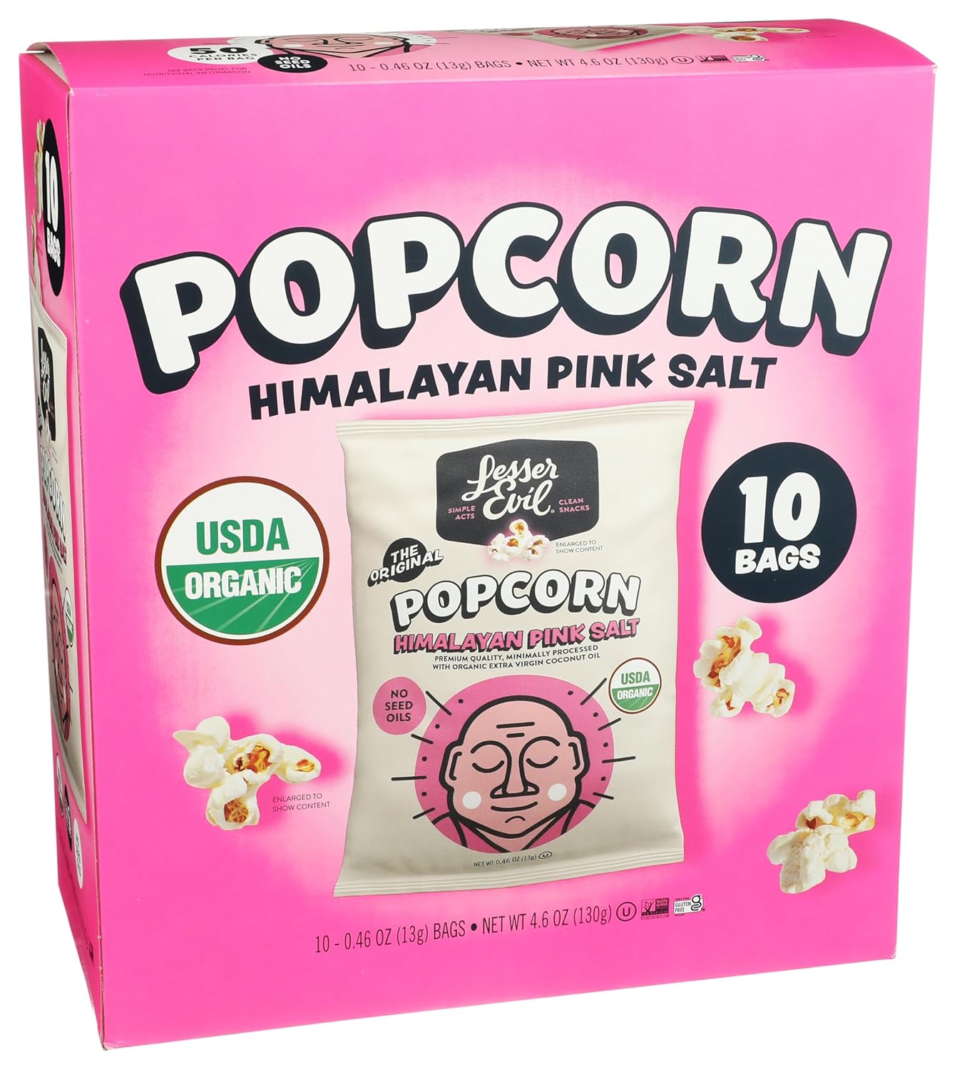 LESSEREVIL Organic Himalayan Pink Salt Popcorn 10Ct, 4.6 OZ