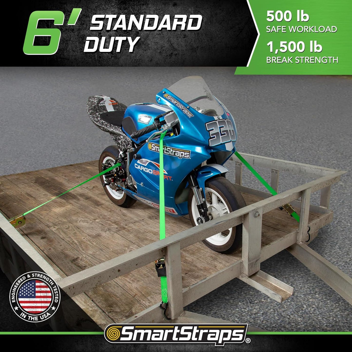 SMARTSTRAPS Retractable Ratchet Tie Down Straps (4 PK) 1,500lb Break Strength, 500lb Safe Work Load, Standard Duty, Secure and Haul ATVs, Lawn Tractors, Cargo, Boxes and Other Small Equipment