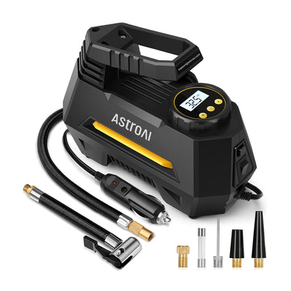 AstroAI Tire Inflator Portable Air Compressor Tire Air Pump for Car Tires - Car Accessories, 12V DC Auto Pump with Digital Pressure Gauge, Emergency LED Light for Bicycle, Balloons, Yellow