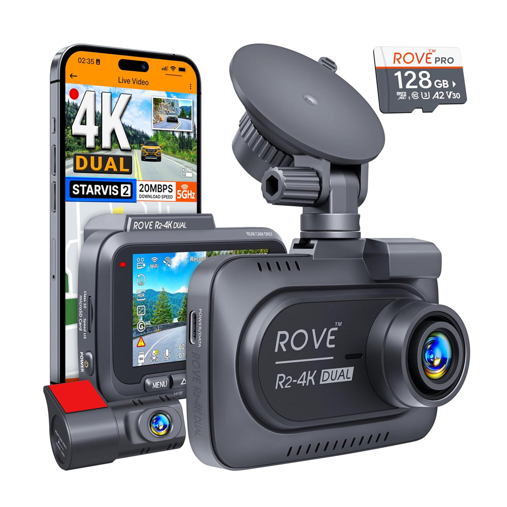 ROVE R2-4K DUAL Dash Cam Front and Rear, STARVIS 2 Sensor, FREE 128GB Card Included, 5G WiFi - up to 20MB/s Fastest Download Speed with App, 4K 2160P/FHD Dash Camera for Cars, 3" IPS, 24H Parking Mode