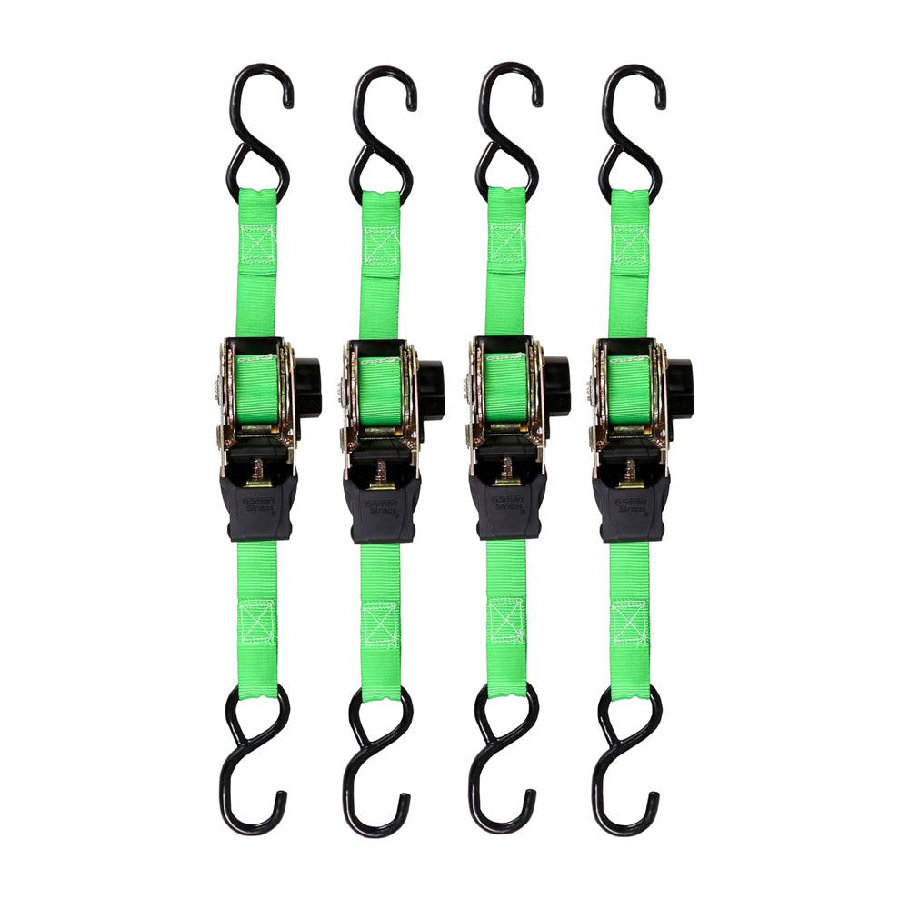 SMARTSTRAPS Retractable Ratchet Tie Down Straps (4 PK) 1,500lb Break Strength, 500lb Safe Work Load, Standard Duty, Secure and Haul ATVs, Lawn Tractors, Cargo, Boxes and Other Small Equipment
