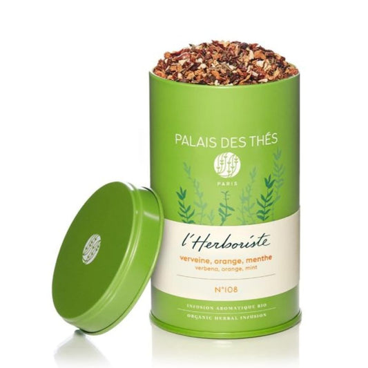 Palais des Thés - Organic L'Herboriste N°108 - Premium Gourmet Herbal Tea with Lemon Verbena, Orange, and Mint - 4.6oz Loose Leaf Metal Gift Tin