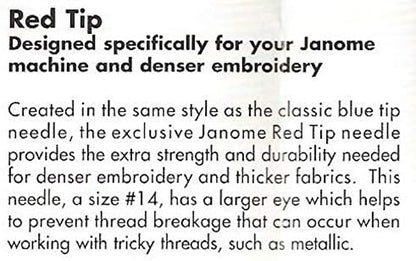 Janome 5 Pk Embroidery Sewing Machine Needles Red Tip Size 14 (90/14)