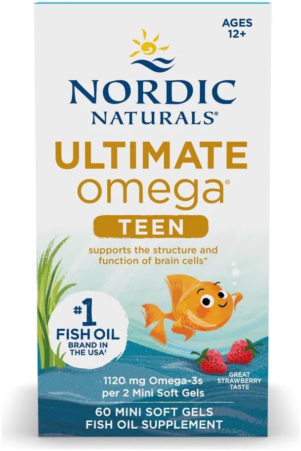 Nordic Naturals Ultimate Omega 2X Teen, Strawberry - 60 Mini Soft Gels - 1120 mg Total Omega-3s with EPA & DHA - Brain Health, Positive Mood, Social Development, Learning - Non-GMO - 30 Servings