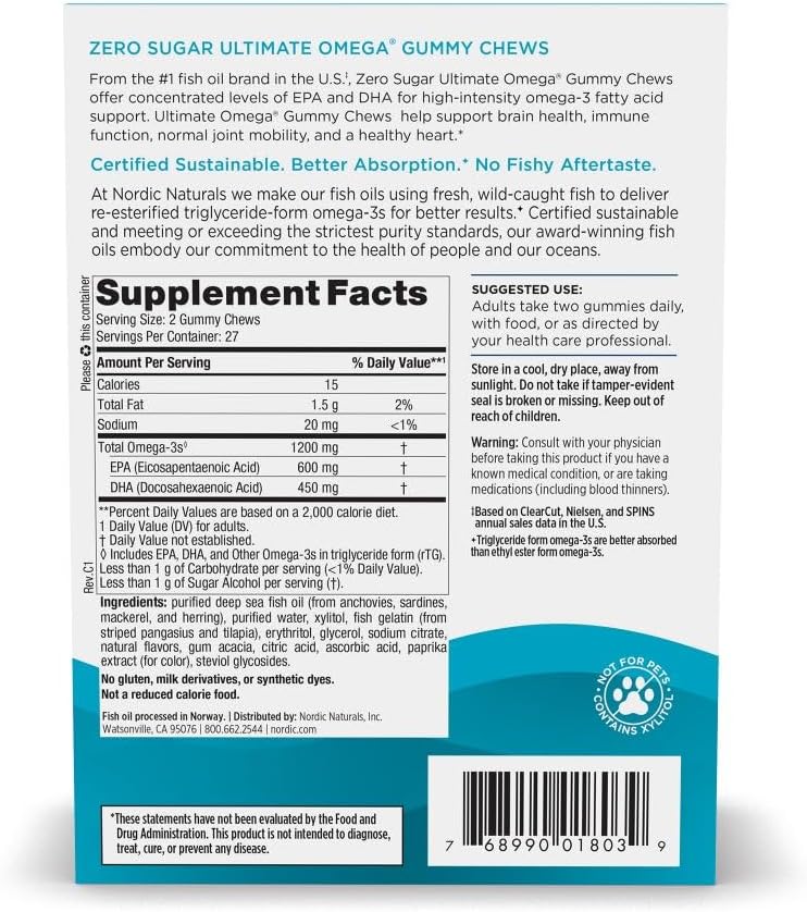 Nordic Naturals Zero Sugar Ultimate Omega Gummy Chews - Tropical Fruit - 54 Gummy Chews - Non GMO - Optimal Wellness - 27 Servings