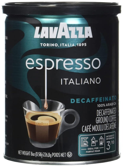 Lavazza Decaf Ground Espresso, Medium Roast, 8-Oz Cans (4 Pack) - Authentic Italian, Non GMO, Sweet & Fruity - Packaging May Vary