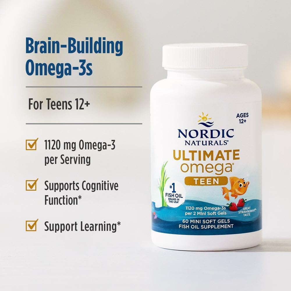 Nordic Naturals Ultimate Omega 2X Teen, Strawberry - 60 Mini Soft Gels - 1120 mg Total Omega-3s with EPA & DHA - Brain Health, Positive Mood, Social Development, Learning - Non-GMO - 30 Servings