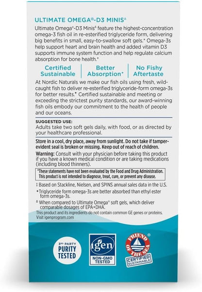 Nordic Naturals Ultimate Omega Mini D3, Lemon Flavor - 60 Mini Soft Gels - 1120 mg Omega-3 + 1000 IU Vitamin D3 - EPA & DHA - Promotes Brain & Heart Health - 30 Servings