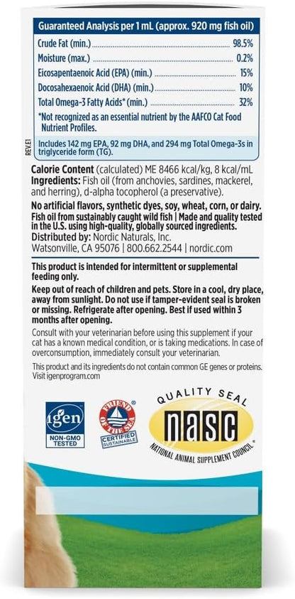 Nordic Naturals Omega-3 Cat, Unflavored - 2 oz - 304 mg Omega-3 Per One mL - Fish Oil for Cats with EPA & DHA - Promotes Heart, Skin, Coat, & Immune Health - Non-GMO