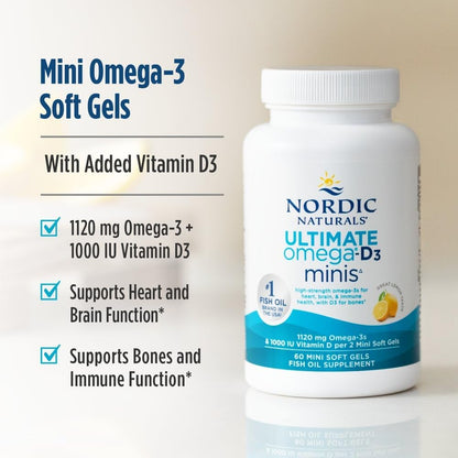 Nordic Naturals Ultimate Omega Mini D3, Lemon Flavor - 60 Mini Soft Gels - 1120 mg Omega-3 + 1000 IU Vitamin D3 - EPA & DHA - Promotes Brain & Heart Health - 30 Servings