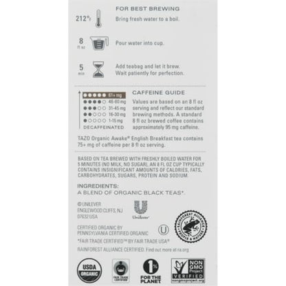 TAZO Organic Awake English Breakfast Black Tea Bags, 96 (16ct - Pack of 6)