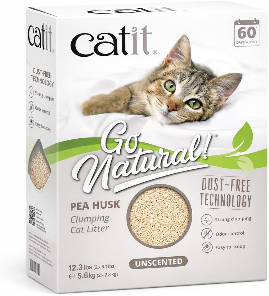 Catit Go Natural Pea Husk Clumping Cat Litter – Unscented, 12.3 lbs – Plant-Based, Eco-Friendly, Dust-Free & Flushable Cat Litter – Natural Clumping Formula, Low Tracking, Highly Absorbent