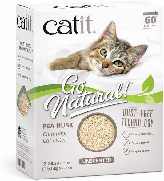 Catit Go Natural Pea Husk Clumping Cat Litter – Unscented, 12.3 lbs – Plant-Based, Eco-Friendly, Dust-Free & Flushable Cat Litter – Natural Clumping Formula, Low Tracking, Highly Absorbent
