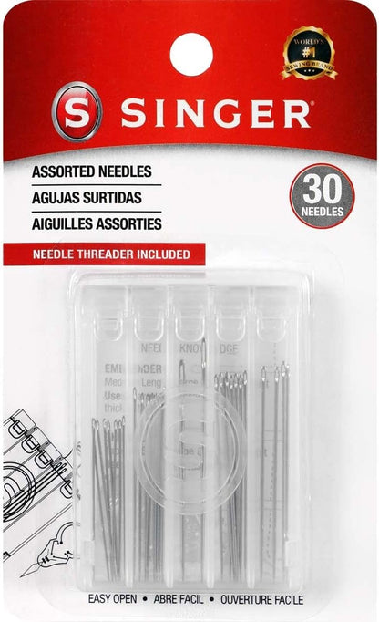 SINGER 07370 Hand Sewing Needles in Compact with Needle Threader, Assorted Sizes, 30-Count,