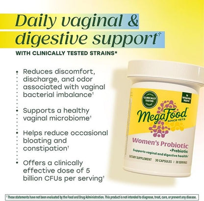 MegaFood Womens Probiotic + Prebiotic - Gluten-Free Prebiotics and Probiotics for Women, Supports Digestive Health & Regularity, Vaginal Probiotics for Healthy pH Levels, Vegetarian - 30 Capsules