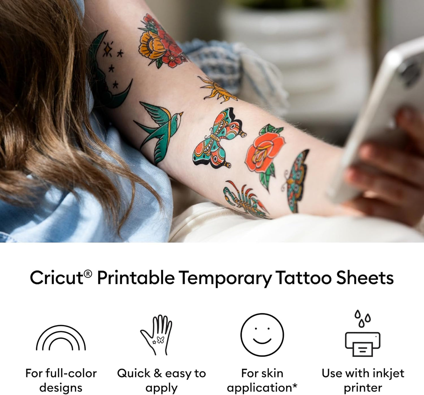 Cricut® Temporary Tattoo Paper for Inkjet Printers (8 Sheets, 8.5x11), Printable Tattoo Transfer Paper - Works with Joy Xtra, Explore, & Maker Machines