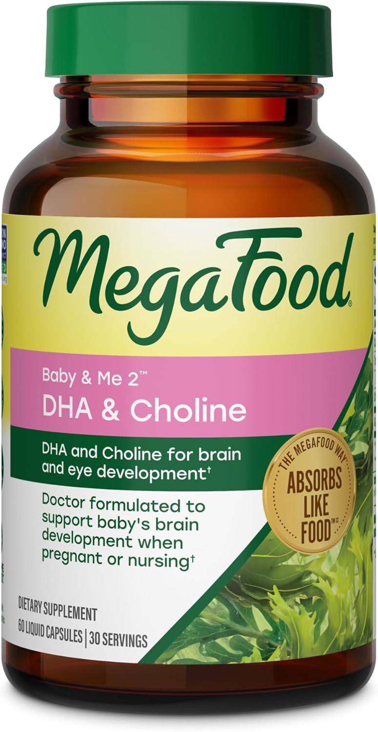 MegaFood Baby & Me 2 Prenatal Vitamins for Women, DHA & Choline Supplements, Liquid DHA and Choline for Baby's Brain and Eye Development During Pregnancy, Vegan, 60 Capsules (30 Servings)