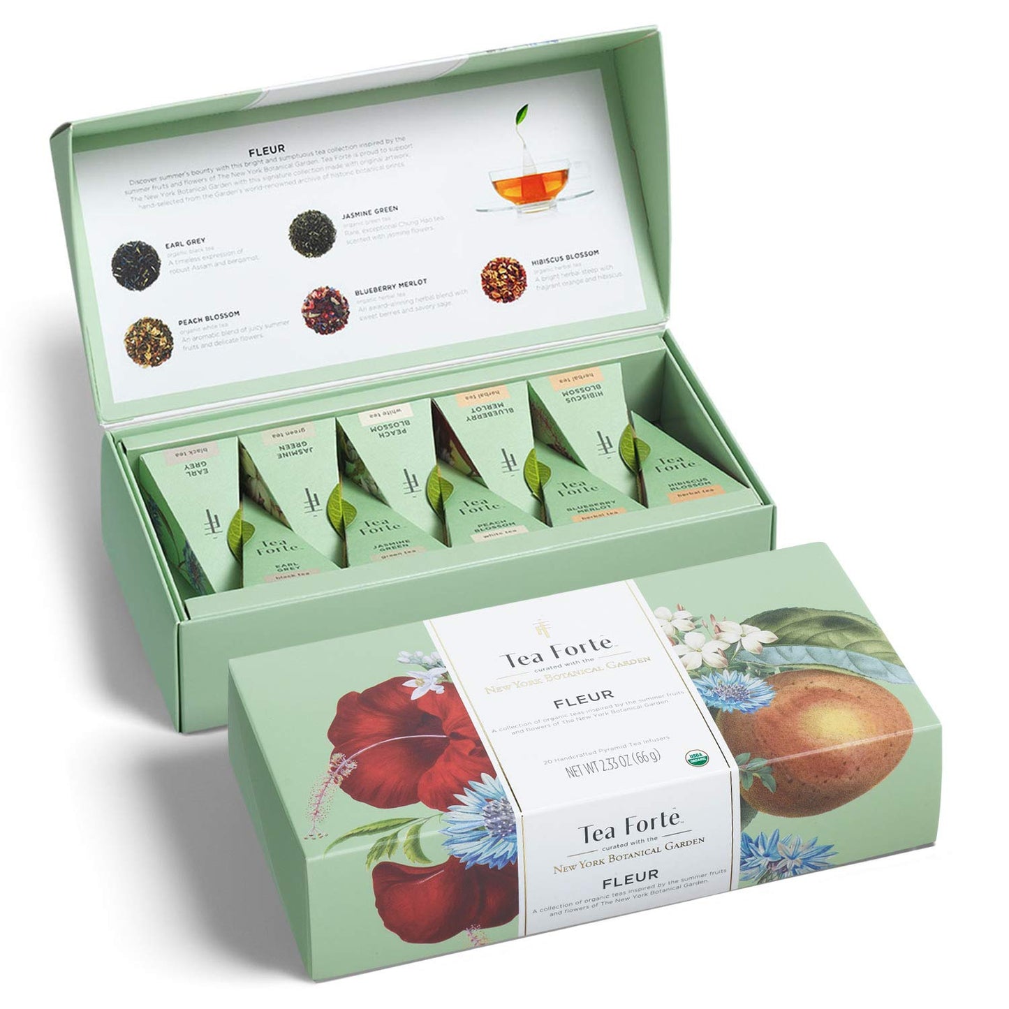 Tea Forte Premium Petite Presentation Box Gift Set Sampler, 10 Count, 2 of Each Blend Individually Wrapped Handcrafted Pyramid Infuser Bags, Fleur Tea