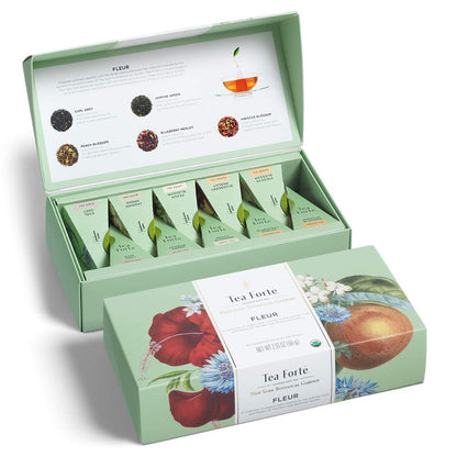 Tea Forte Premium Petite Presentation Box Gift Set Sampler, 10 Count, 2 of Each Blend Individually Wrapped Handcrafted Pyramid Infuser Bags, Fleur Tea