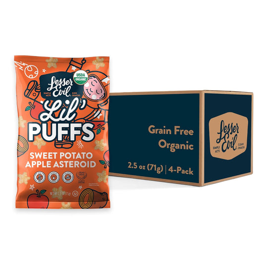 LesserEvil Sweet Potato Apple Lil' Puffs, Organic Snacks for Kids, Rice-Free, 0g Sugar Per Serving, 2.5 Oz, Pack of 5