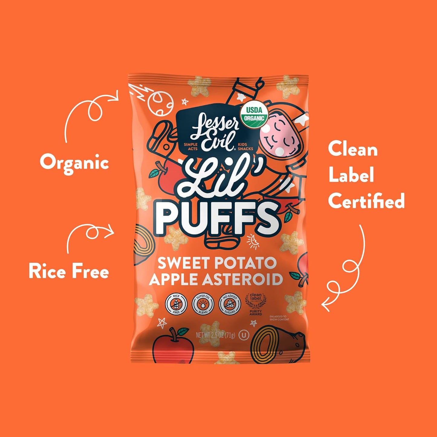 LesserEvil Sweet Potato Apple Lil' Puffs, Organic Snacks for Kids, Rice-Free, 0g Sugar Per Serving, 2.5 Oz, Pack of 5