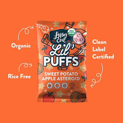LesserEvil Sweet Potato Apple Lil' Puffs, Organic Snacks for Kids, Rice-Free, 0g Sugar Per Serving, 2.5 Oz, Pack of 5