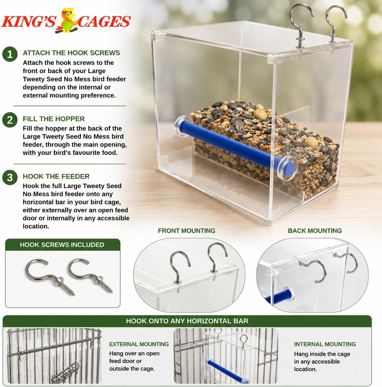 Bonka Bird Toys Large Tweeky Clean Bird Seed Feeder, 7.87" H x 7.75" W x 7.87" D, Durable Plastic with Textured Perch, Ideal for Medium to Large Bird Breeds, Indoor/Outdoor Cage Use