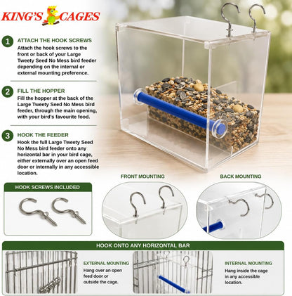 Bonka Bird Toys Large Tweeky Clean Bird Seed Feeder, 7.87" H x 7.75" W x 7.87" D, Durable Plastic with Textured Perch, Ideal for Medium to Large Bird Breeds, Indoor/Outdoor Cage Use
