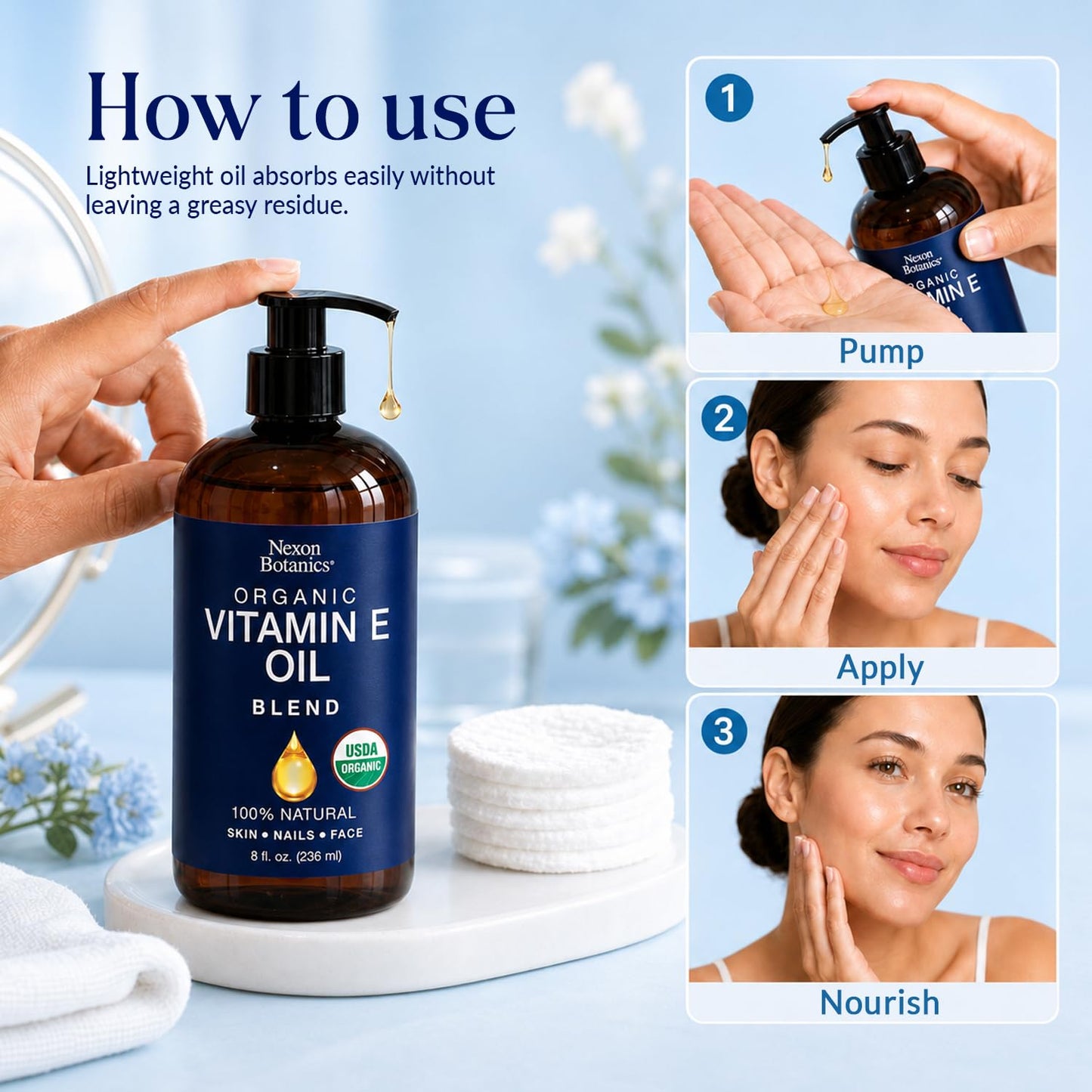 Organic Vitamin E Oil Blend 8 fl oz - Made from Pure, Natural Oils for Skin, Scars & Face - Aceite de Vitamina E - Nexon Botanics