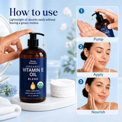 Organic Vitamin E Oil Blend 8 fl oz - Made from Pure, Natural Oils for Skin, Scars & Face - Aceite de Vitamina E - Nexon Botanics