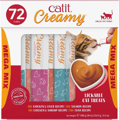 Catit Creamy Lickable Cat Treat – Healthy Variety of Flavors, 72 Pack, Hand-Feed or Serve, Nutrient-Rich Squeeze Tube, 0.5 oz Each