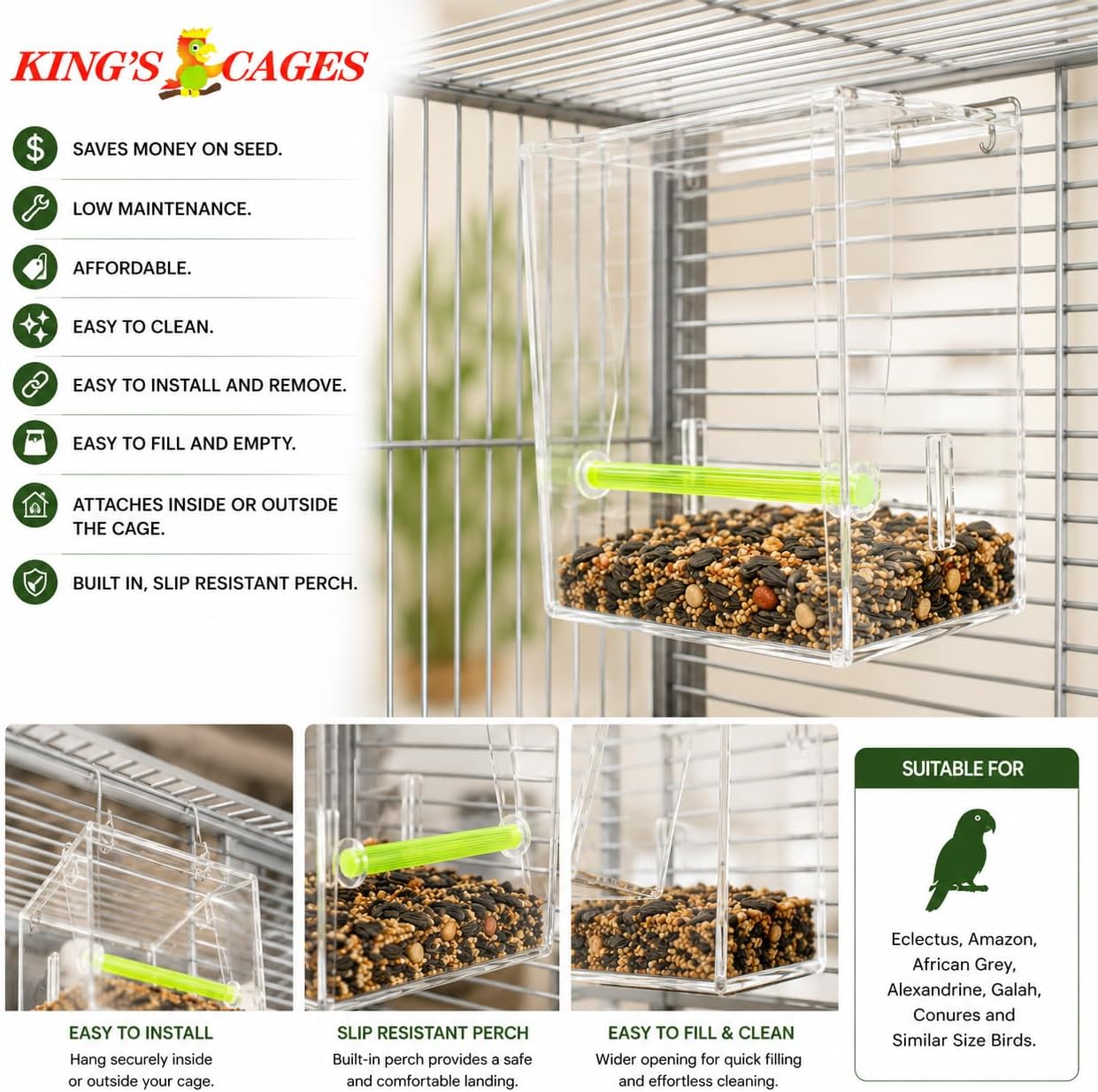 Bonka Bird Toys Large Tweeky Clean Bird Seed Feeder, 7.87" H x 7.75" W x 7.87" D, Durable Plastic with Textured Perch, Ideal for Medium to Large Bird Breeds, Indoor/Outdoor Cage Use