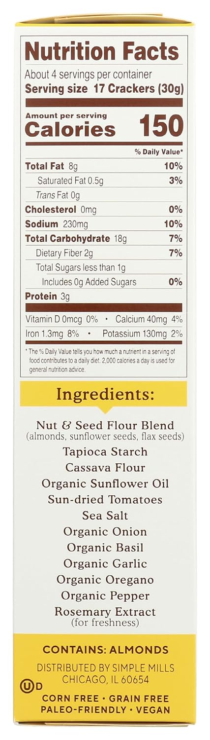 Simple Mills Almond Flour Crackers, Sundried Tomato & Basil, Gluten Free, Flax Seed, Sunflower Seeds, Corn Free, Good for Snacks, Made with whole foods, (Packaging May Vary), 4.25 Ounce