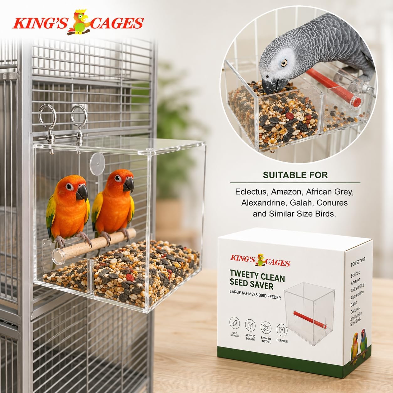 Bonka Bird Toys Large Tweeky Clean Bird Seed Feeder, 7.87" H x 7.75" W x 7.87" D, Durable Plastic with Textured Perch, Ideal for Medium to Large Bird Breeds, Indoor/Outdoor Cage Use