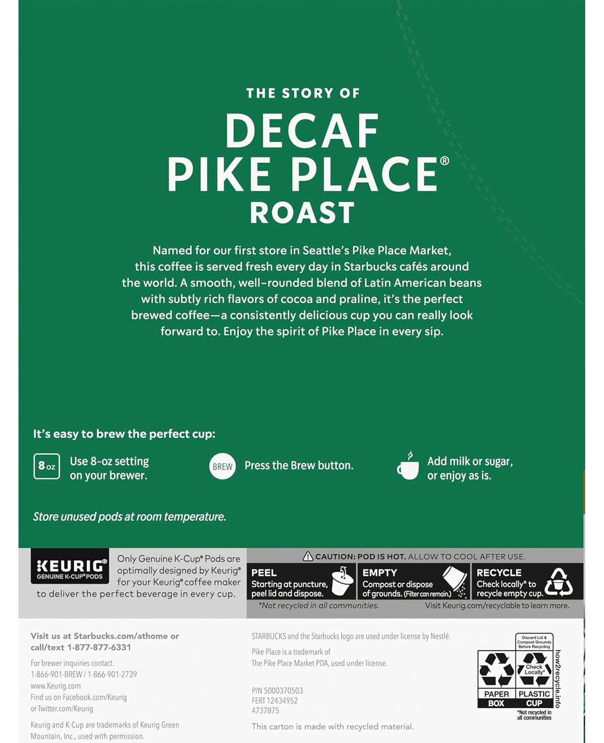 Starbucks Pike Place Decaffeinated Coffee Single-Serve K-Cup, 24 Count