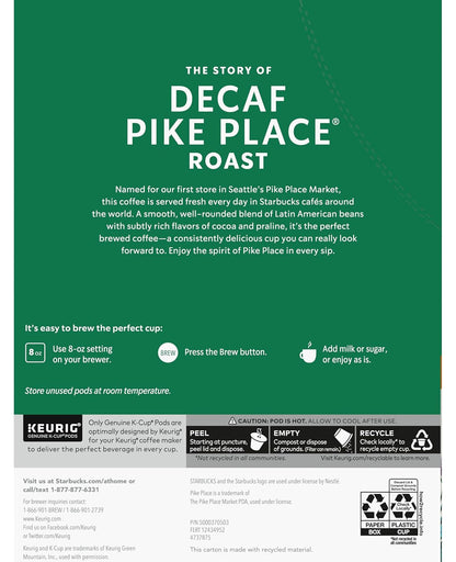 Starbucks Pike Place Decaffeinated Coffee Single-Serve K-Cup, 24 Count