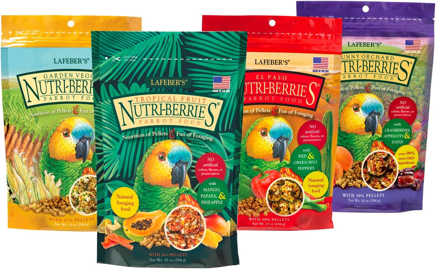 LAFEBER'S Gourmet Nutri-Berries Pet Bird Food Variety Sampler Bundles, Made with Non-GMO and Human-Grade Ingredients, for Parrots, 10 oz. Each (4 Pk Bundle)