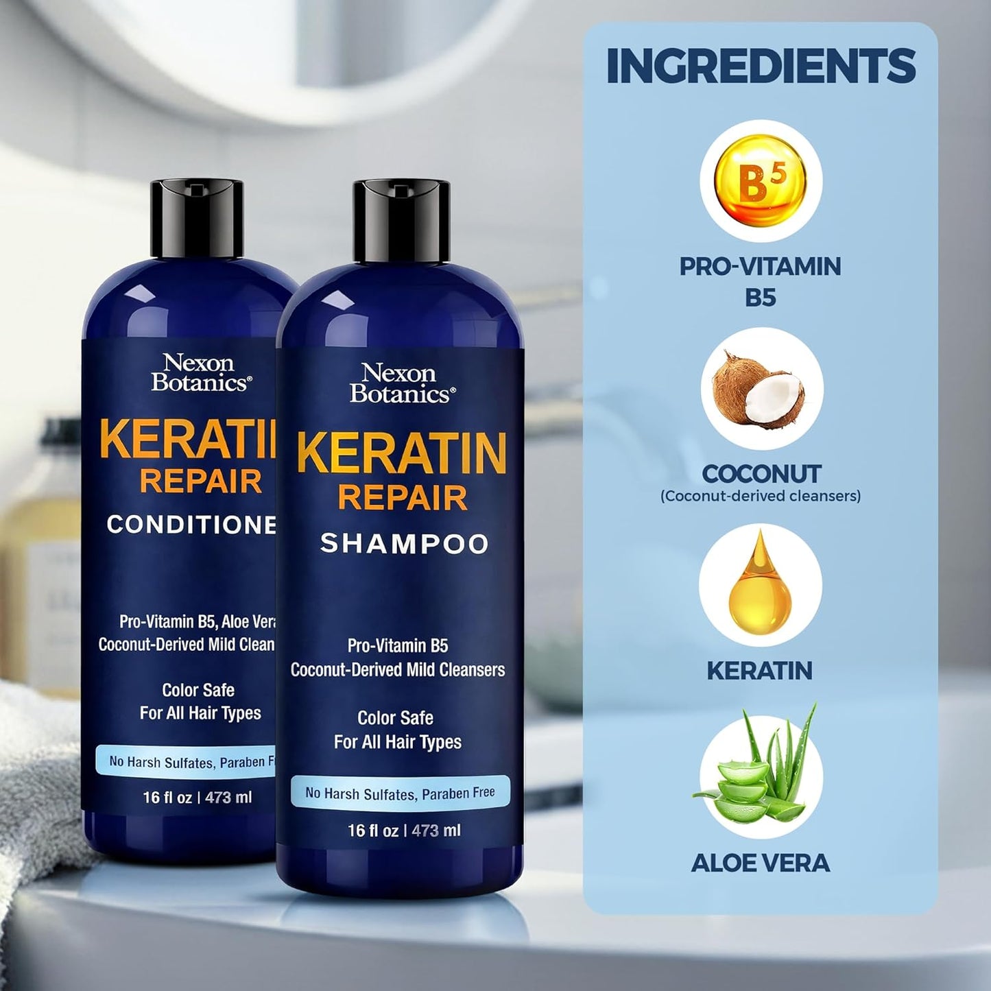 Keratin Shampoo and Conditioner Set 16 fl oz Each - Strengthening & Smoothing Care for Dry, Damaged, Frizzy or Keratin-Treated Hair - Color Protecting - Champu Cabello con Keratina - Nexon Botanics