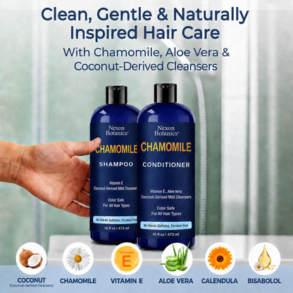 Chamomile Shampoo and Conditioner Set 16 fl oz - No Harsh Sulfates, Clarifying for Oily Dry and Frizzy Hair - Color Safe - Champu de Manzanilla - Nexon Botanics