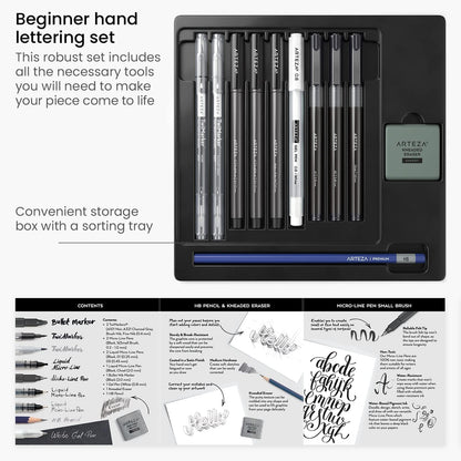 ARTEZA Hand Lettering Pens Set of 12 – Calligraphy and Brush Pens with Guidebook, Pencil, Eraser for Beginners Learning Hand Lettering and Decorative Writing