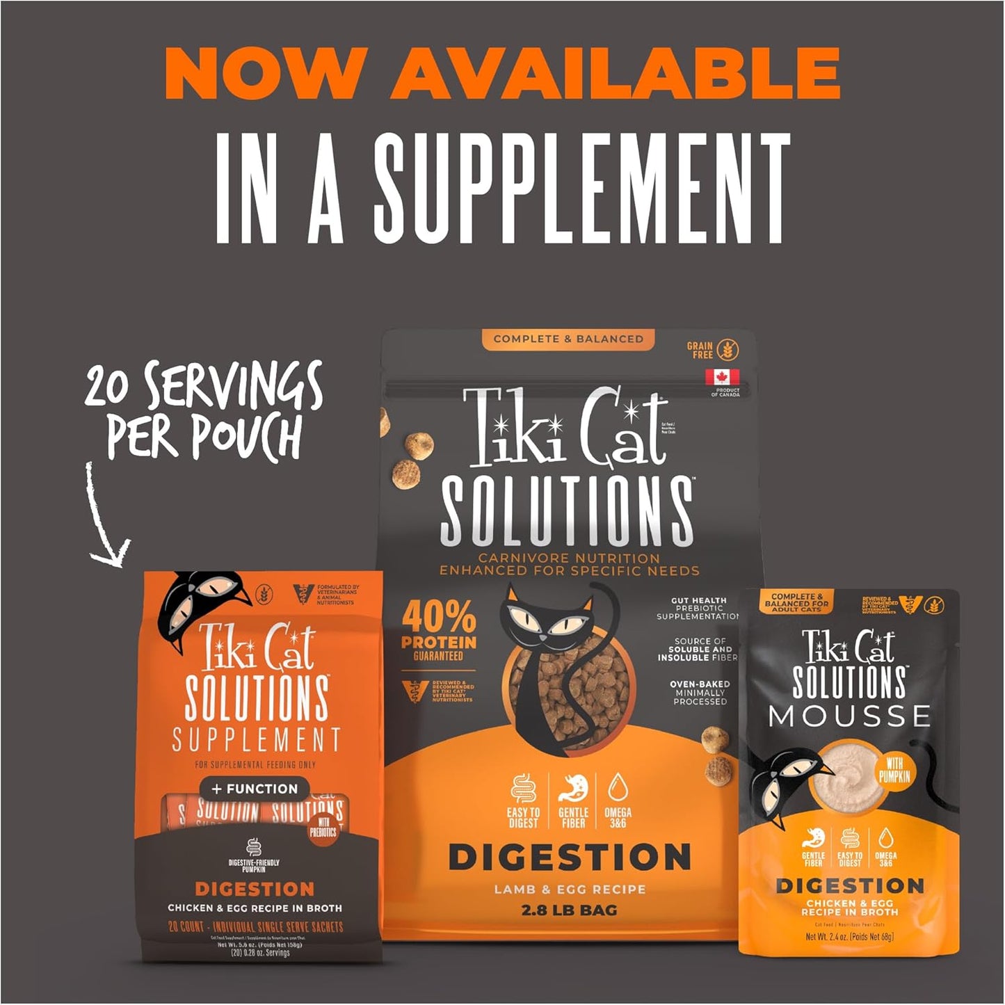 Tiki Cat Solutions Supplements Digestion Mousse, Chicken & Egg in Broth, Formulated to Support Healthy Digestion, Functional Cat Food Supplement, 5.6 oz. Pouch (Pack of 20)