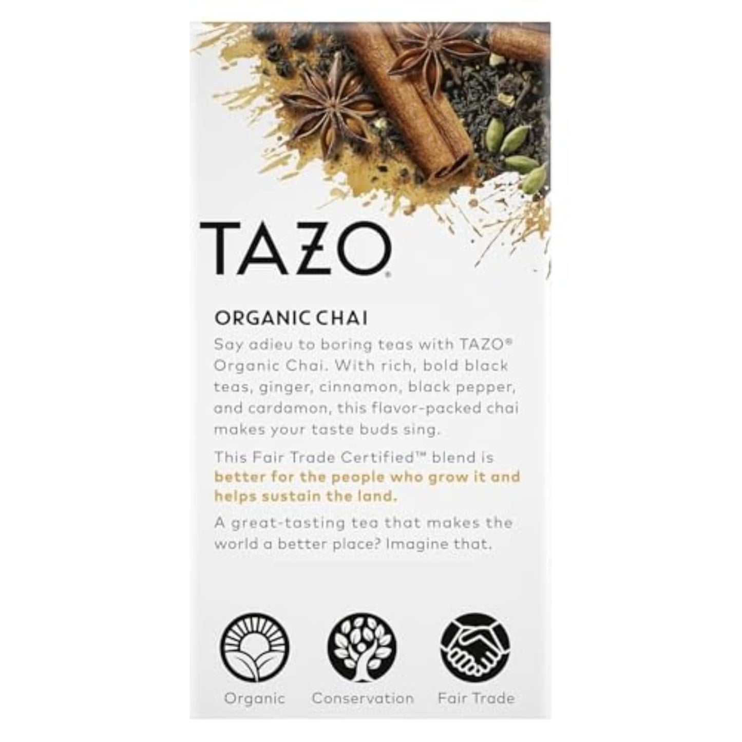 TAZO Organic Chai Black Tea Bags, Chai Tea, 96 Total Tea Bags (16ct - Pack of 6)