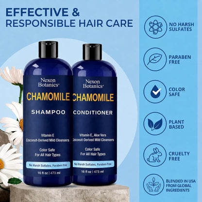 Chamomile Shampoo and Conditioner Set 16 fl oz - No Harsh Sulfates, Clarifying for Oily Dry and Frizzy Hair - Color Safe - Champu de Manzanilla - Nexon Botanics