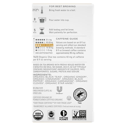 TAZO Organic Chai Black Tea Bags, Chai Tea, 96 Total Tea Bags (16ct - Pack of 6)