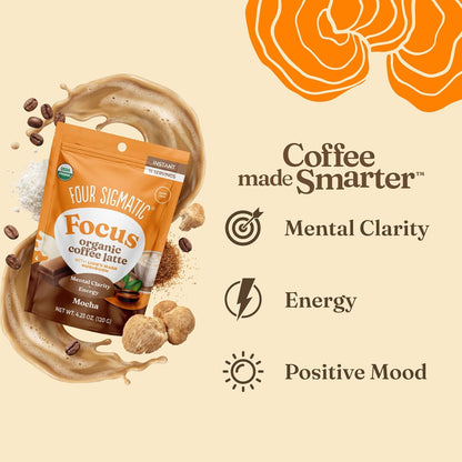 Four Sigmatic Mocha Focus Mushroom Coffee Latte | Plant-Based Organic Instant Latte with Lion’s Mane Mushroom for Focus and Mental Clarity | Made With Just 6 Organic Ingredients | 4.23 oz Bag
