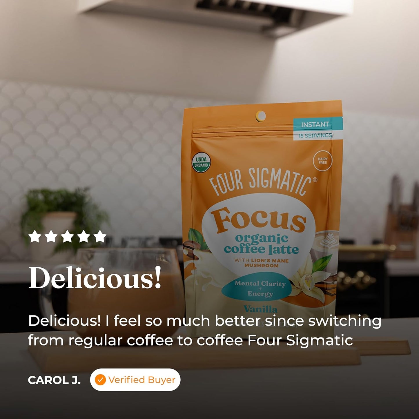 Four Sigmatic Vanilla Focus Mushroom Coffee Latte Plant-Based Organic Instant Latte with Lion’s Mane Mushroom for Focus and Mental Clarity Made With Just 6 Organic Ingredients 4.23 oz Bag