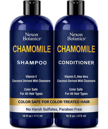 Chamomile Shampoo and Conditioner Set 16 fl oz - No Harsh Sulfates, Clarifying for Oily Dry and Frizzy Hair - Color Safe - Champu de Manzanilla - Nexon Botanics